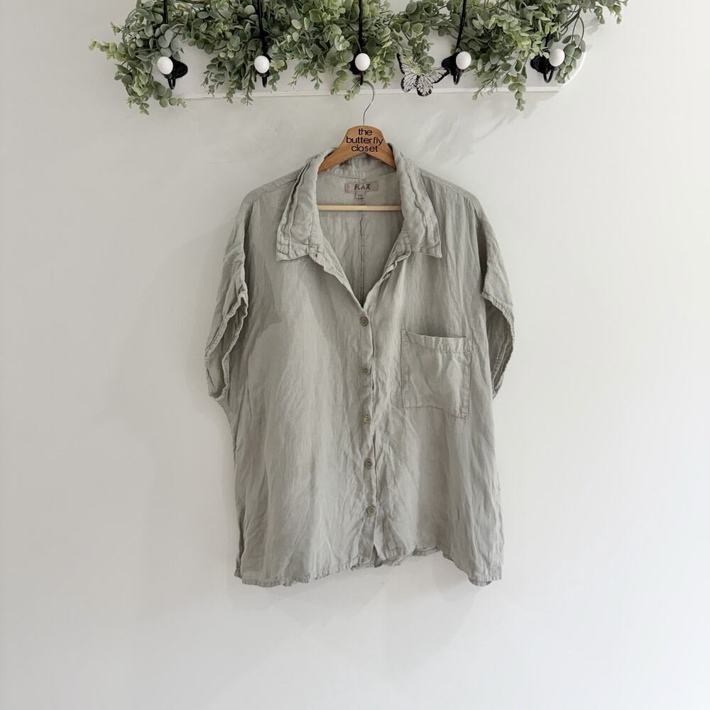 Flax Sage Green Short Sleeve Button Down Shirt With A Collar And Chea Pocket 1X